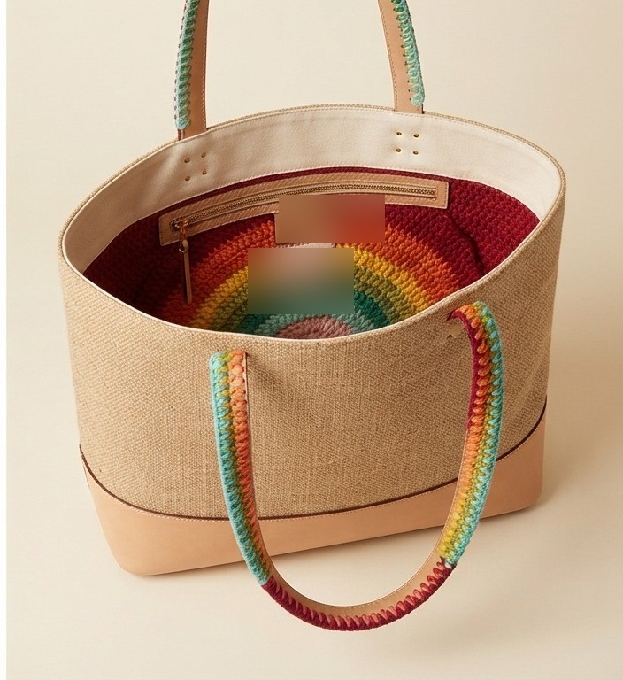 The interior of the Dawn Arc Carryall — a rainbow crochet arc lining the inside of the bag