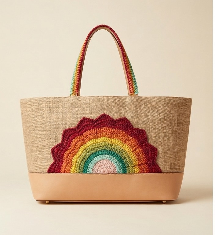 The Dawn Arc Carryall — natural jute tote with a hand-crocheted rainbow half-mandala rising from the base